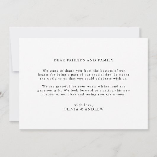 ミニマシンプルリストの白黒メッセー結婚ジ サンキューカード (裏面)