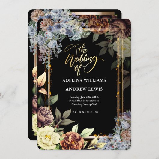 ミニマシンプルリストの花バラ、金ゴールドフレ結婚ーム 招待状 (正面/裏面)