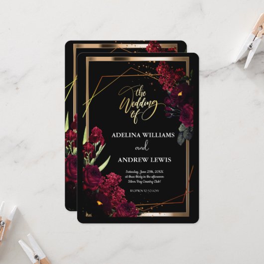 ミニマシンプルリストの赤いローズ、金ゴールド枠の招待 招待状 (正面/裏面インサイチュ)