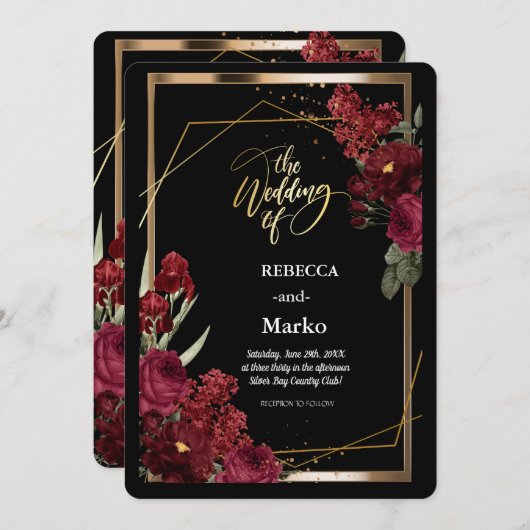 ミニマシンプルリストの赤いローズ、金ゴールド枠の招待 招待状 (正面/裏面)