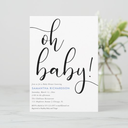 ミニマシンプルリストの青い白い黒の男の子の赤ちゃんシャワー 招待状 (スタンド正面)