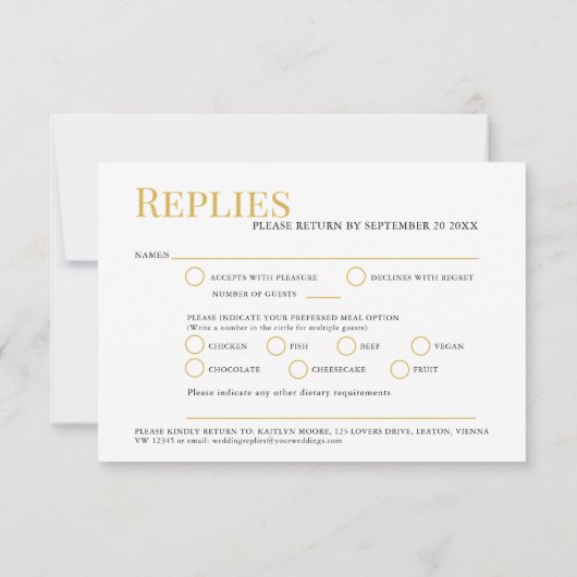 ミニマシンプルリストの黄金の茶色のインクメ結婚ール 出欠カード (裏面)