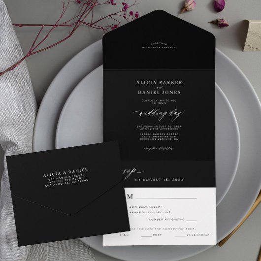ミニマシンプルリストの黒と白のエレガントな結婚式 オールインワン招待状