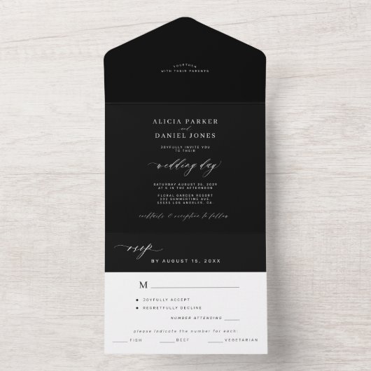 ミニマシンプルリストの黒と白のエレガントな結婚式 オールインワン招待状 (内側)