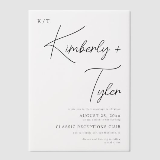 ミニマシンプルリストタイポグラフィカジュアル結婚ズ ベラム紙招待状 (正面)