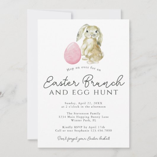 ミニマシンプルリストバニーピンク卵イースターブランチ 招待状 (正面)