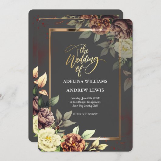 ミニマシンプルリストバラグレー、金ゴールドフレ結婚ーム 招待状 (正面/裏面)