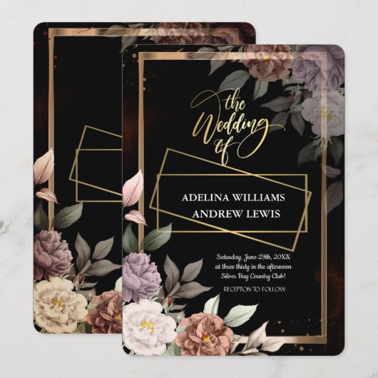 ミニマシンプルリストバラ、金ゴールドフレ結婚ーム 招待状 (正面/裏面)