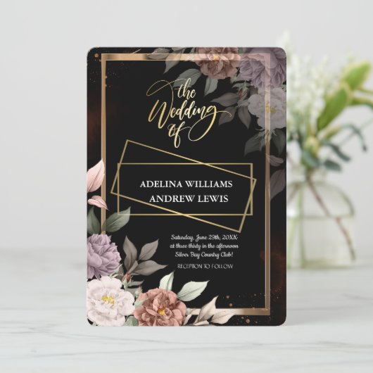 ミニマシンプルリストバラ、金ゴールドフレ結婚ーム 招待状 (スタンド正面)