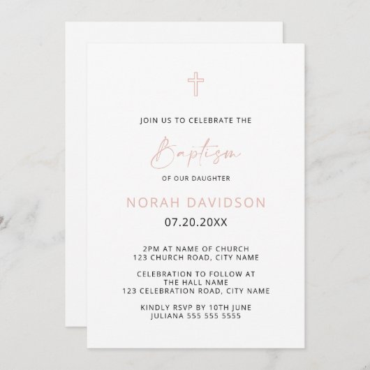 ミニマシンプルリストピンクグレークロスバプテスマのインビタット 招待状 (正面/裏面)