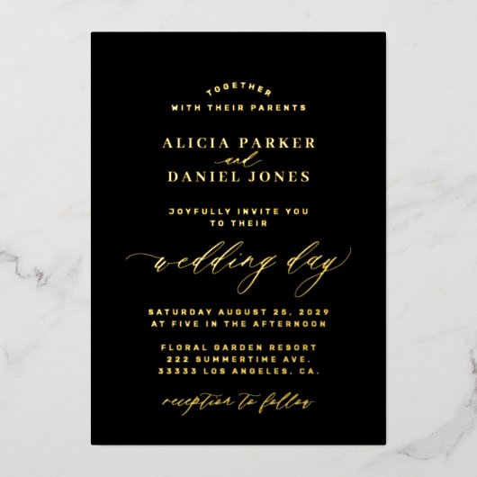 ミニマシンプルリストブラックと金ゴールドエレガントな結婚式 箔招待状 (正面)