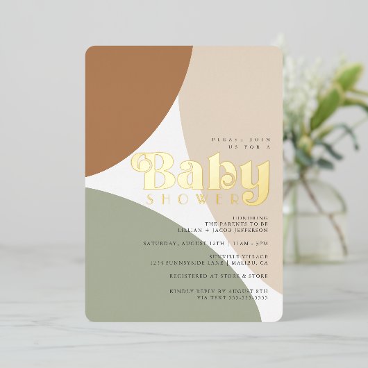 ミニマシンプルリストボーホアーストーンベビーシャワーフォイル 箔招待状 (立ち正面)