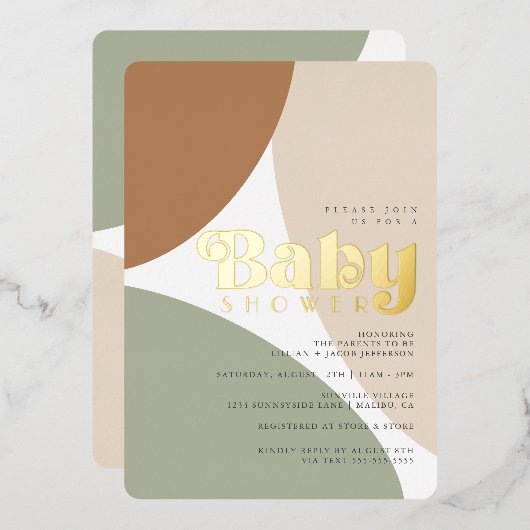 ミニマシンプルリストボーホアーストーンベビーシャワーフォイル 箔招待状 (正面/裏面)