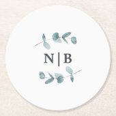 ミニマシンプルリストユーカリ結婚スモノグラムのの ラウンドペーパーコースター (正面)