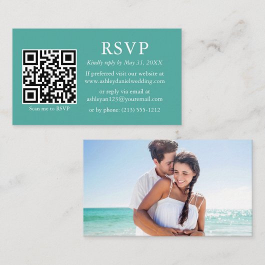 ミニマシンプルリスト結婚フォトのQRティール（緑がかった色）RSVP エンクロージャーカード (正面/裏面)