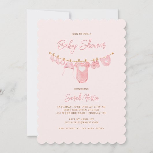 ミニマシンプルリスト赤面ピンクスカロップベビーシャワー 招待状 (正面)