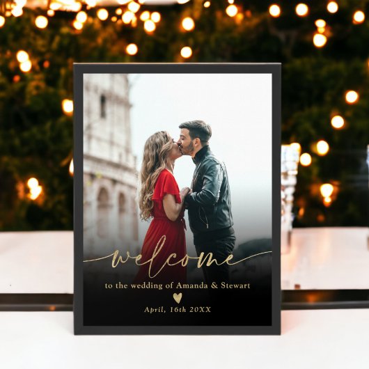 ミニマシンプルリスト黒金ゴールド写真結婚の歓迎 ポスター