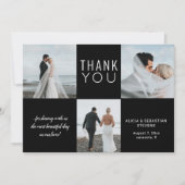 ミニマシンプルリスト4フォトコラージュ黒結婚の サンキューカード (正面)