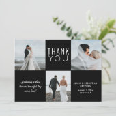 ミニマシンプルリスト4フォトコラージュ黒結婚の サンキューカード (スタンド正面)
