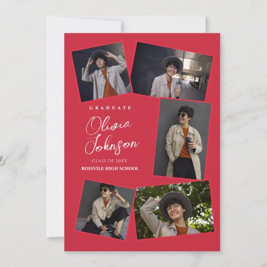 ミニマシンプルリスト6フォトコラージュ赤の卒業 案内状 (正面)