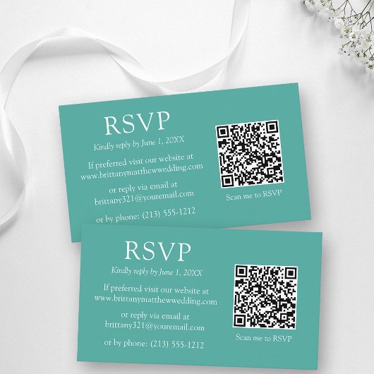 ミニマシンプルリストQRコー結婚ドのティール（緑がかった色）RSVP エンクロージャーカード