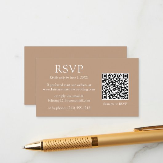ミニマシンプルリストQRコー結婚ドのTaupe RSVP エンクロージャーカード (正面/裏面インサイチュ)