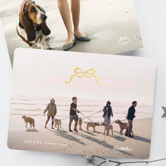 ミニマシンプルリ写真メリー金ゴールドのクリスマスボウ 箔シーズンカード