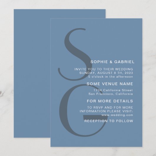ミニマスタイリッシュリストダスティブルーモノグラム結婚ズ 招待状 (正面/裏面)