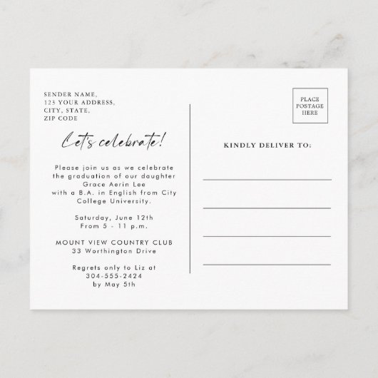 ミニマスタイリッシュリスト写真卒業パーティー インビテーションポストカード (裏面)