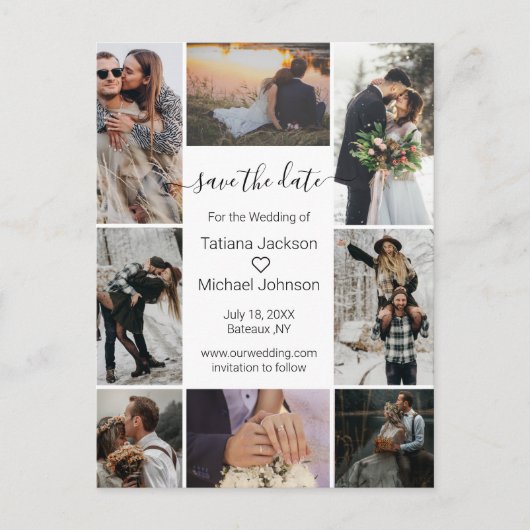 ミニマスタイリッシュリスト8枚の写真コラージュ日付を保存 案内ポストカード (正面)