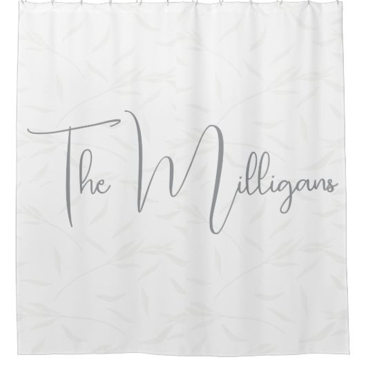 ミニマパーソナライズされたリストのグレーと白 シャワーカーテン (正面)