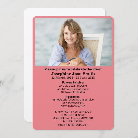 ミニマパーソナライズされたリスト写真葬儀招待状 招待状 (正面/裏面)