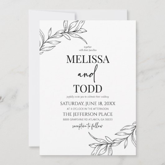 ミニマミニマルリスト白黒ブランチ結婚リーフ 招待状 (正面)