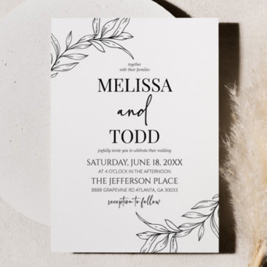 ミニマミニマルリスト白黒ブランチ結婚リーフ 招待状