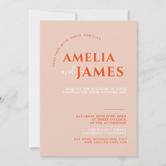 ミニマモダンはっきりしたリストのオレンジとピ結婚ンク 招待状 (正面)