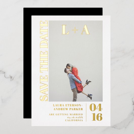 ミニマモダンはっきりしたルイニシャル写真の保存日付 箔招待状 (正面/裏面)