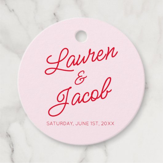 ミニマモダンミニマルリストのピンクと赤結婚の フェイバータグ (正面)