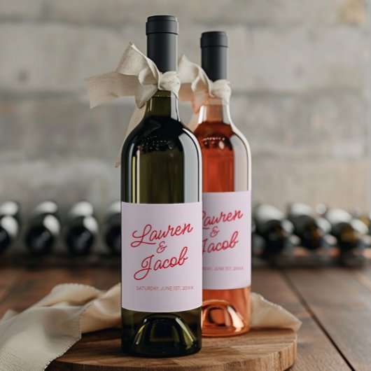 ミニマモダンミニマルリストのピンクと赤結婚の ワインラベル