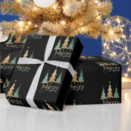 ミニマモダンメリーリストのクリスマスパインツリーブラック ラッピングペーパー