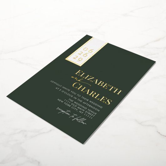 ミニマモダンリエレガントグ緑の金ゴールド結婚ズ 箔招待状 (回転した状態)
