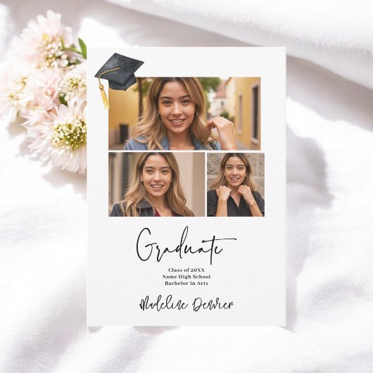 ミニマモダンリシンプルアル3枚の写真の卒業 案内状