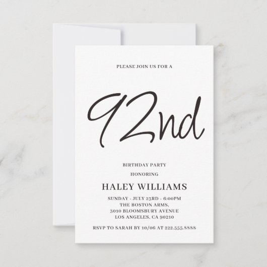 ミニマモダンリシンプルズム書道92位誕生日 招待状 (正面)