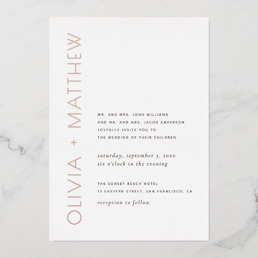 ミニマモダンリシンプルム金ゴールド結婚タイポグラフィ 箔招待状 (正面)