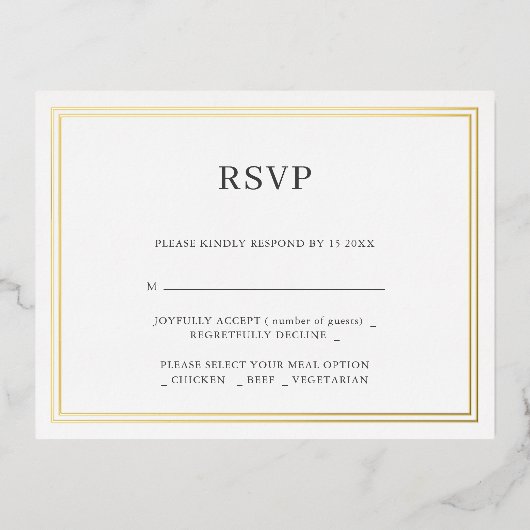 ミニマモダンリスウェディングRSVPフォイル招待状 箔招待状ポストカード (正面)