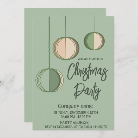 ミニマモダンリストおもしろいオーナメントクリスマスパーティー 招待状 (正面/裏面)