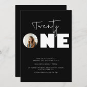 ミニマモダンリストお洒落ブラック21歳の誕生日パーティー 招待状 (正面/裏面)