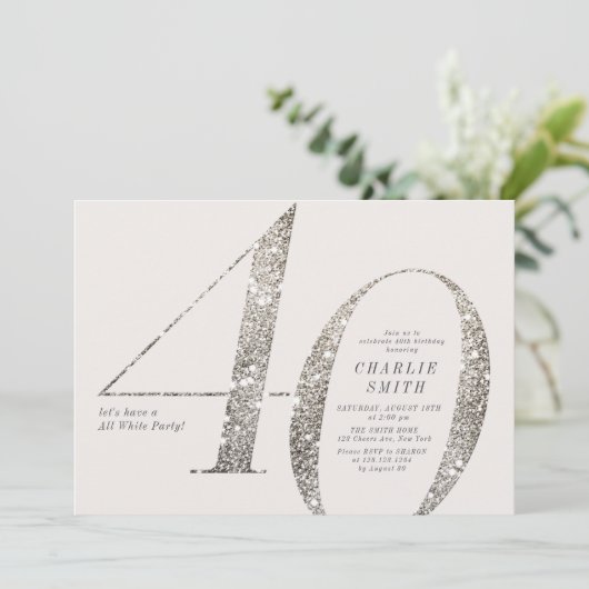ミニマモダンリストすべての白パーティー40歳の誕生日 招待状 (スタンド正面)