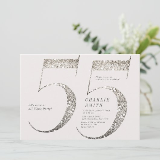 ミニマモダンリストすべての白パーティー55歳の誕生日 招待状 (スタンド正面)