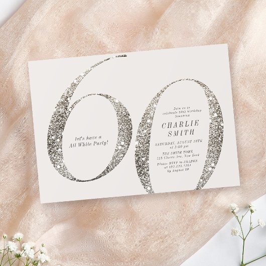 ミニマモダンリストすべての白パーティー60歳の誕生日 招待状