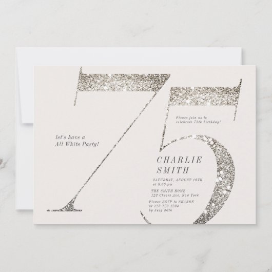 ミニマモダンリストすべての白パーティー75歳の誕生日 招待状 (正面)